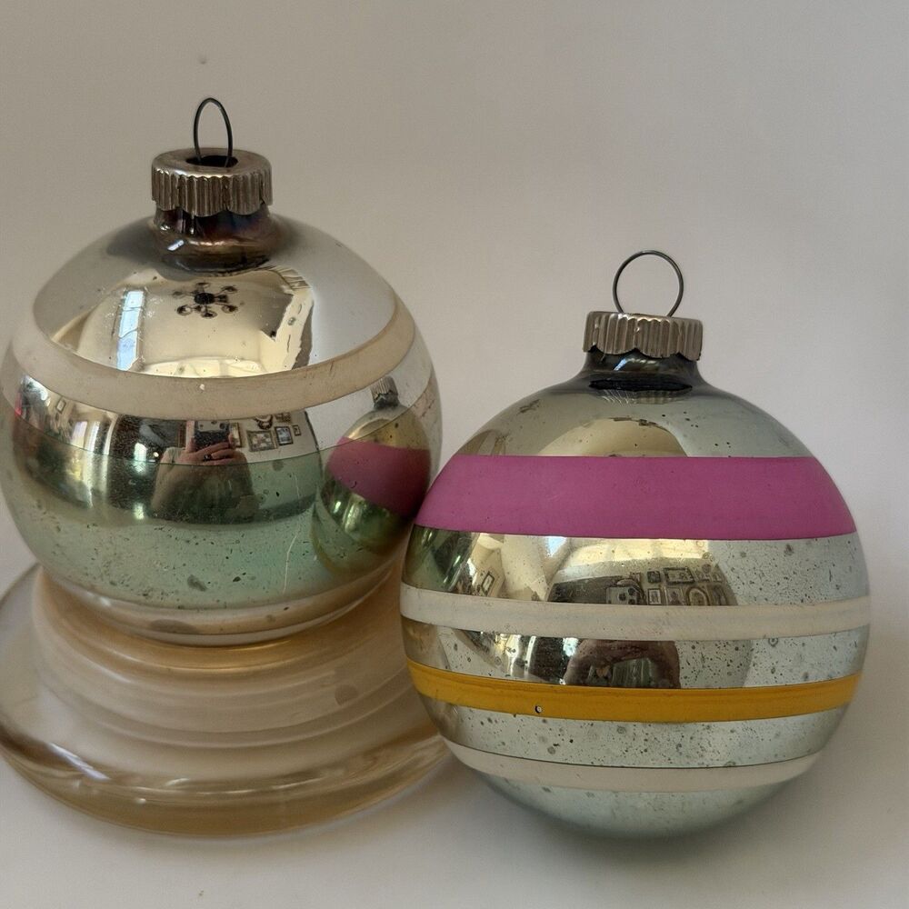 Vintage Shiny Brite Glass Christmas Ornaments USA Striped Set of 2 2.5”